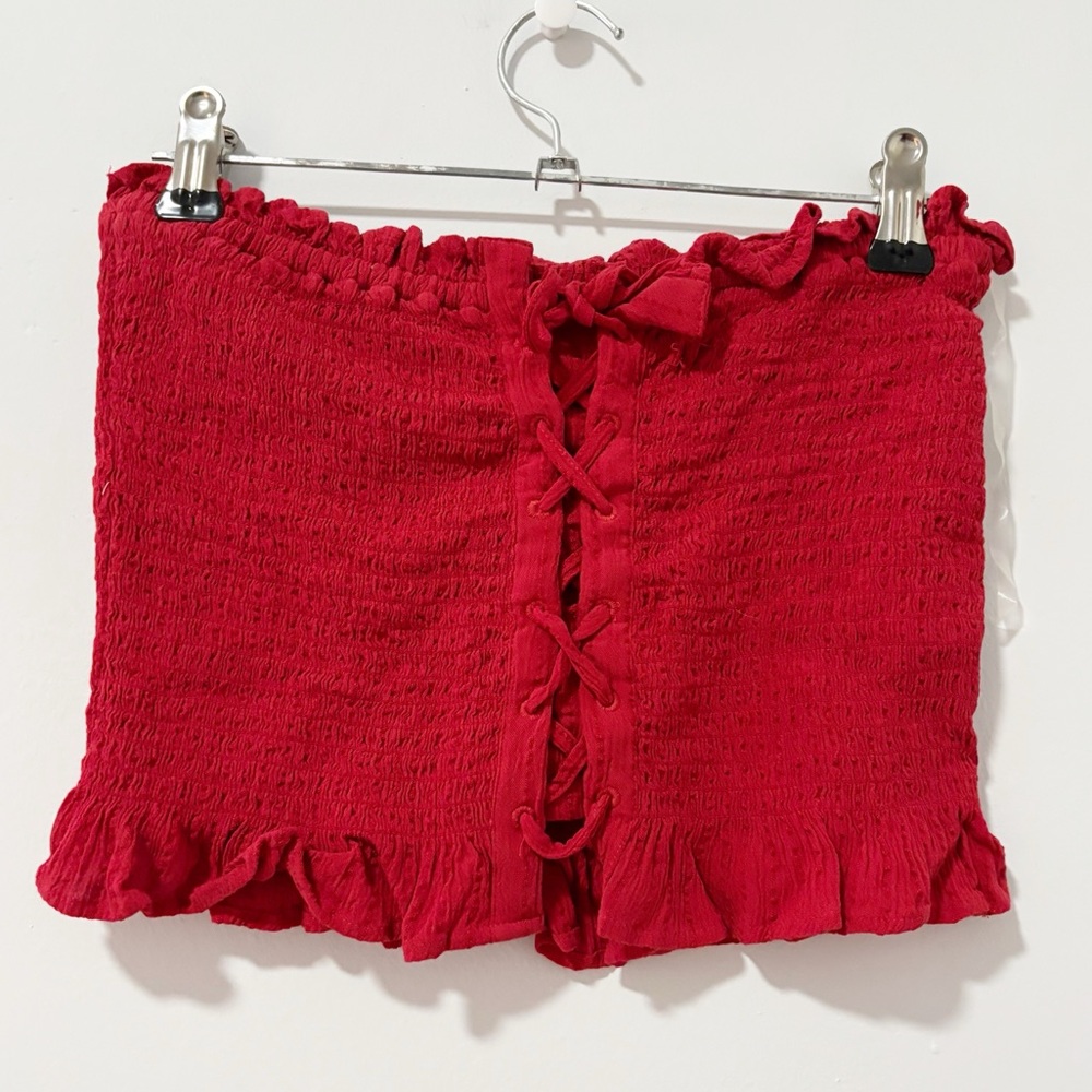 American Eagle Tube‎ Top Womens Small Lace Up Tie Front Corset Ruffles Smocked